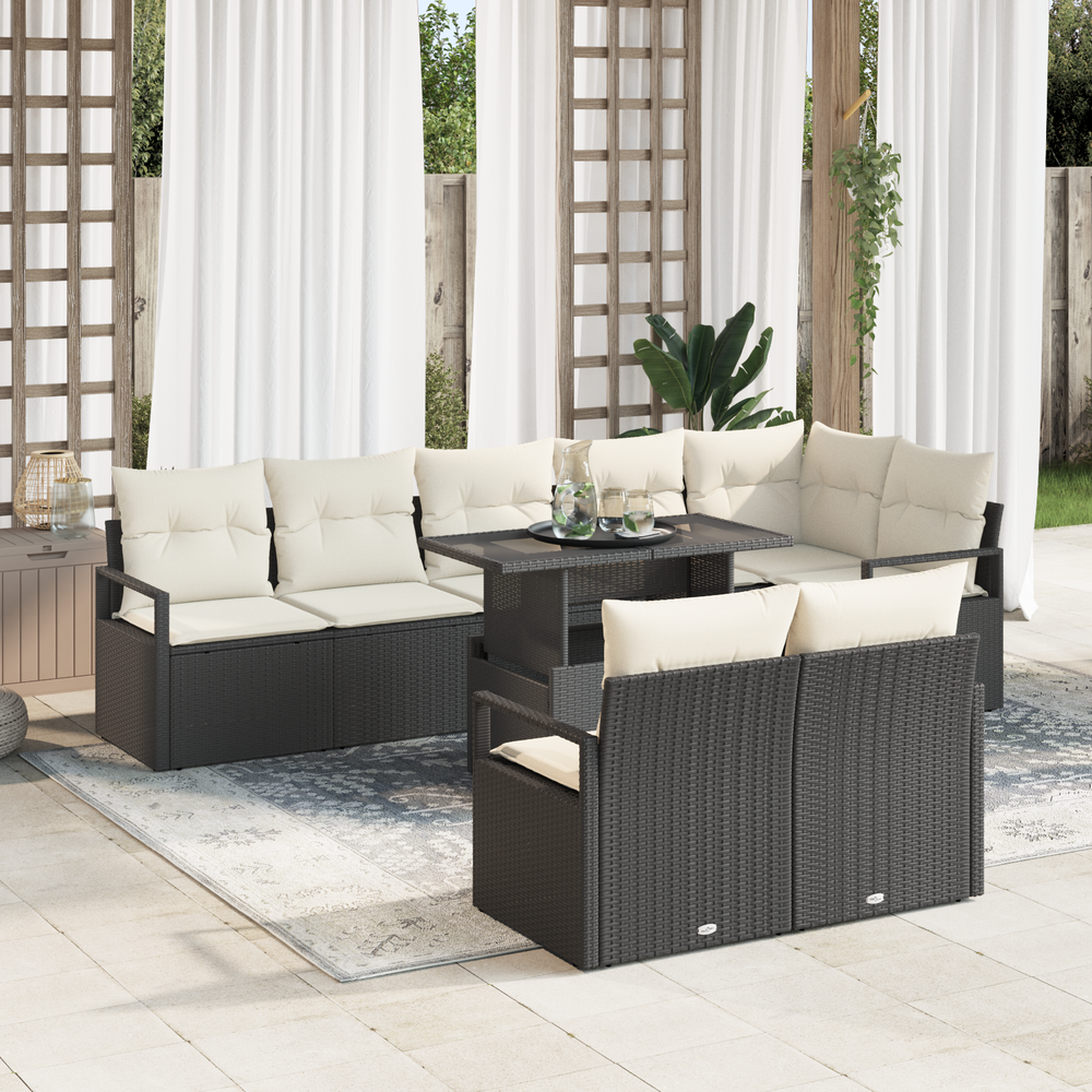 9-piece garden sofa set with cushions, black poly rattan