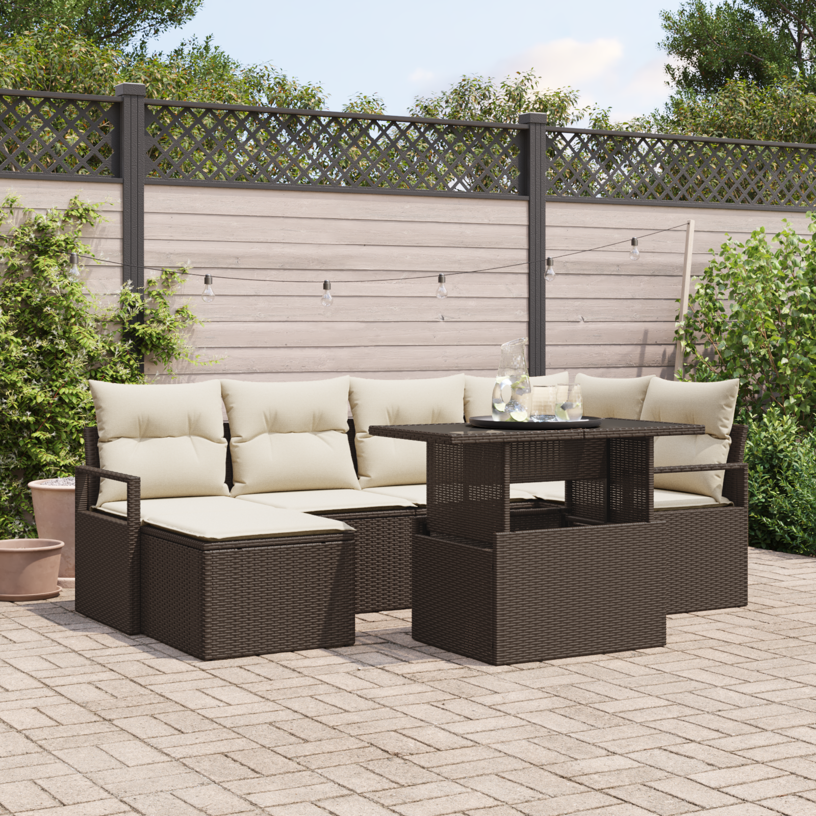 7-piece garden sofa set with cushions brown poly rattan