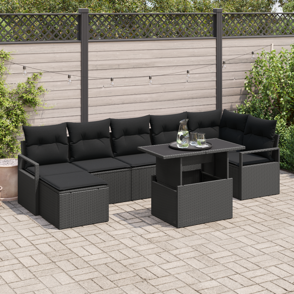 8-Piece Garden Sofa Set with Cushions, Black Poly Rattan