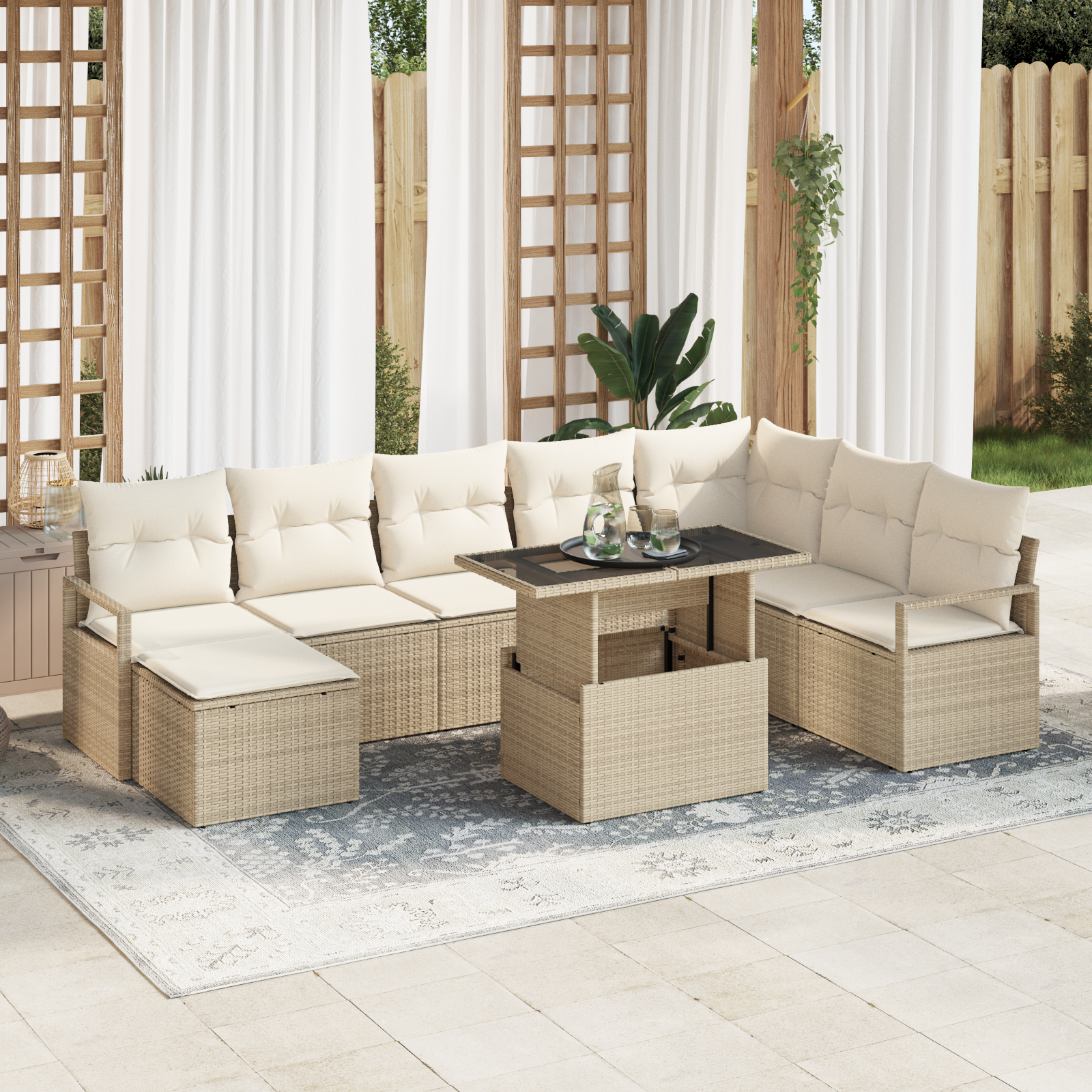 9-Piece Sofa Set with Cushions Beige Poly Rattan