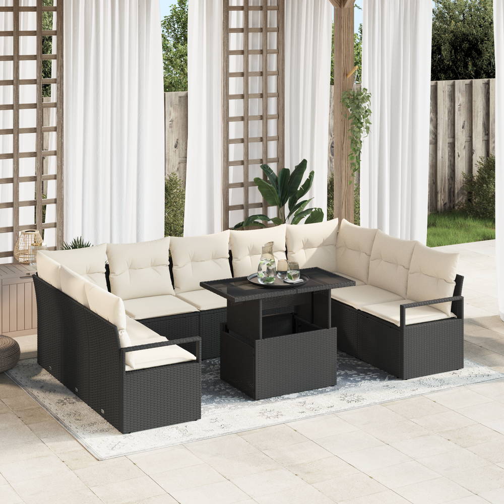 10-piece garden sofa set with cushions, black poly rattan
