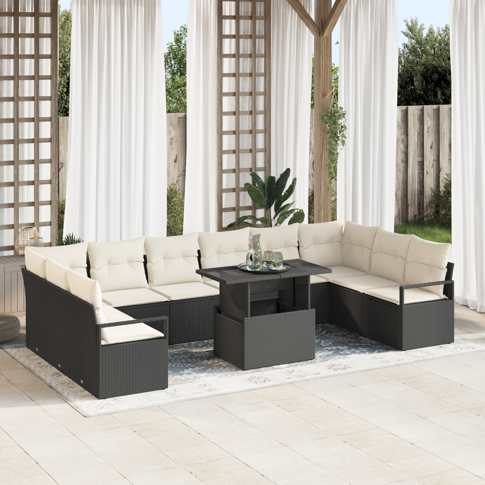 11-Piece Garden Sofa Set with Cushions, Black Poly Rattan.