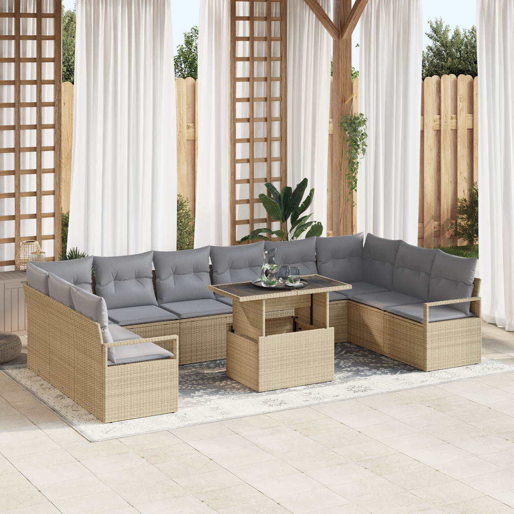 11-piece Garden Sofa Set with Cushions, Sand-coloured Poly Rattan