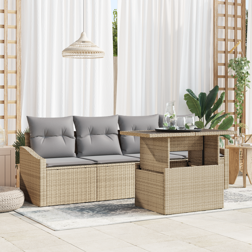 5-piece garden sofa set with cushions, sand-colored poly rattan