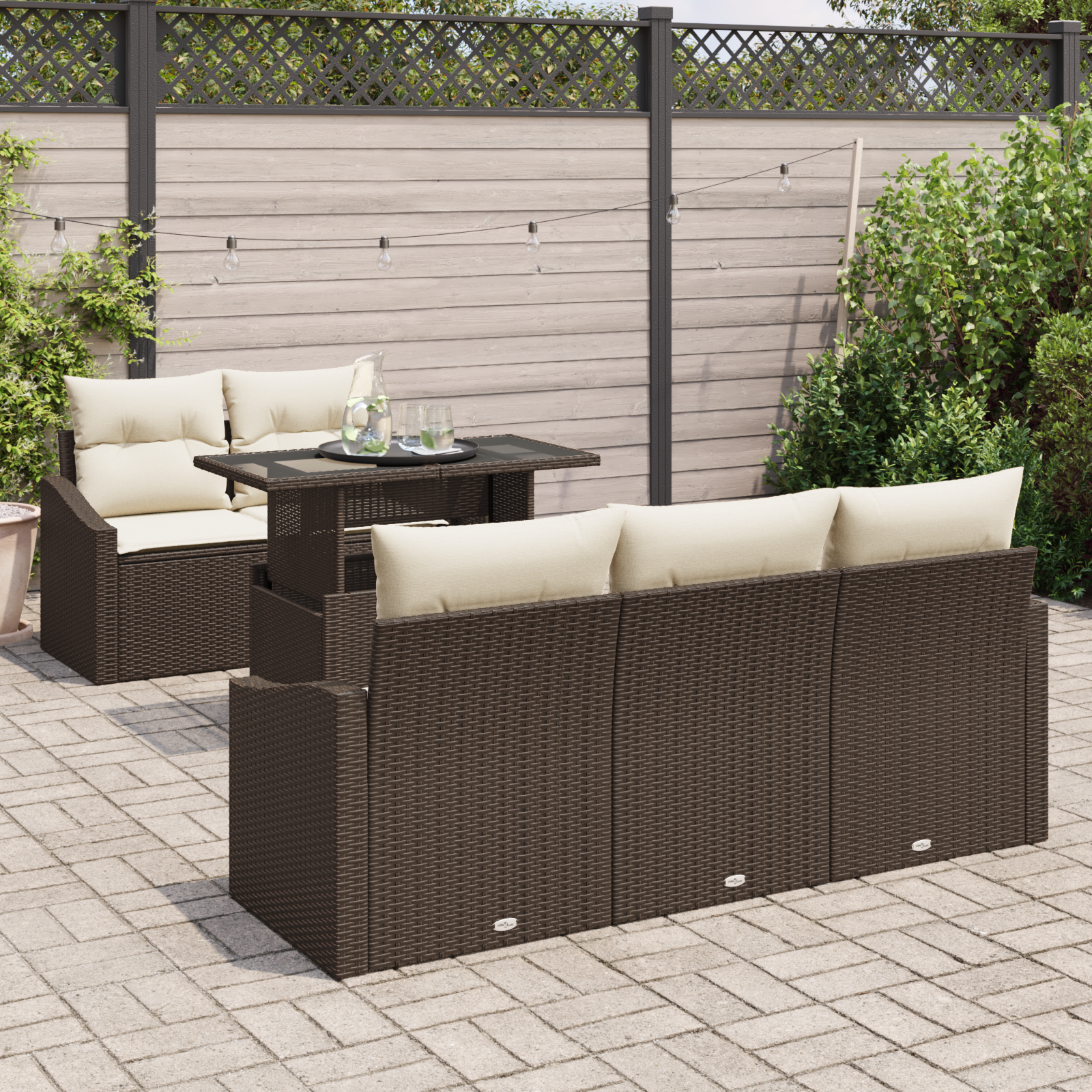 6-piece garden sofa set with cushions, brown poly rattan