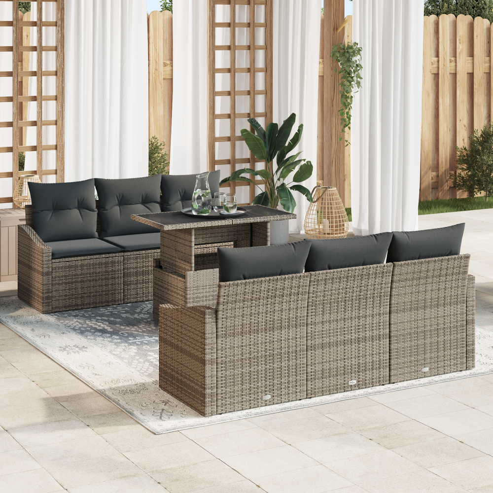 7-piece garden sofa set with grey cushions, poly rattan