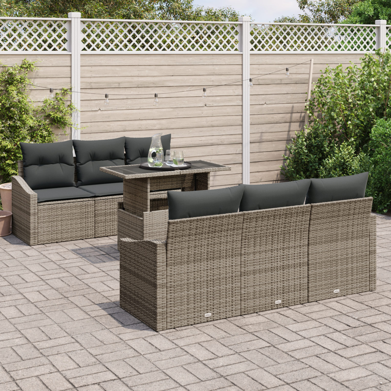 7 dalių sodo sofa rinkinys su pilkomis pagalvėlėmis, poli ratanas