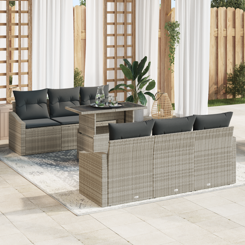 <strong> 7-Piece Garden Sofa Set</strong> with light gray cushions, light poly rattan