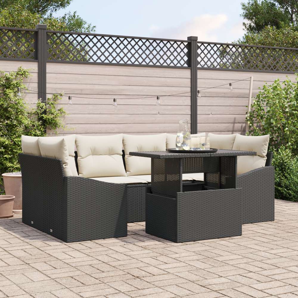 <strong>7-piece garden sofa set with cushions</strong> Black PE rattan