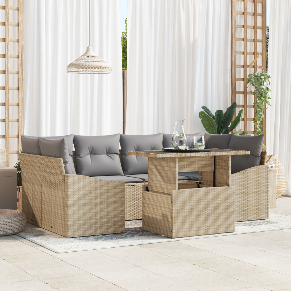 7-Piece Garden Sofa Set with Cushions, Sand Poly Rattan