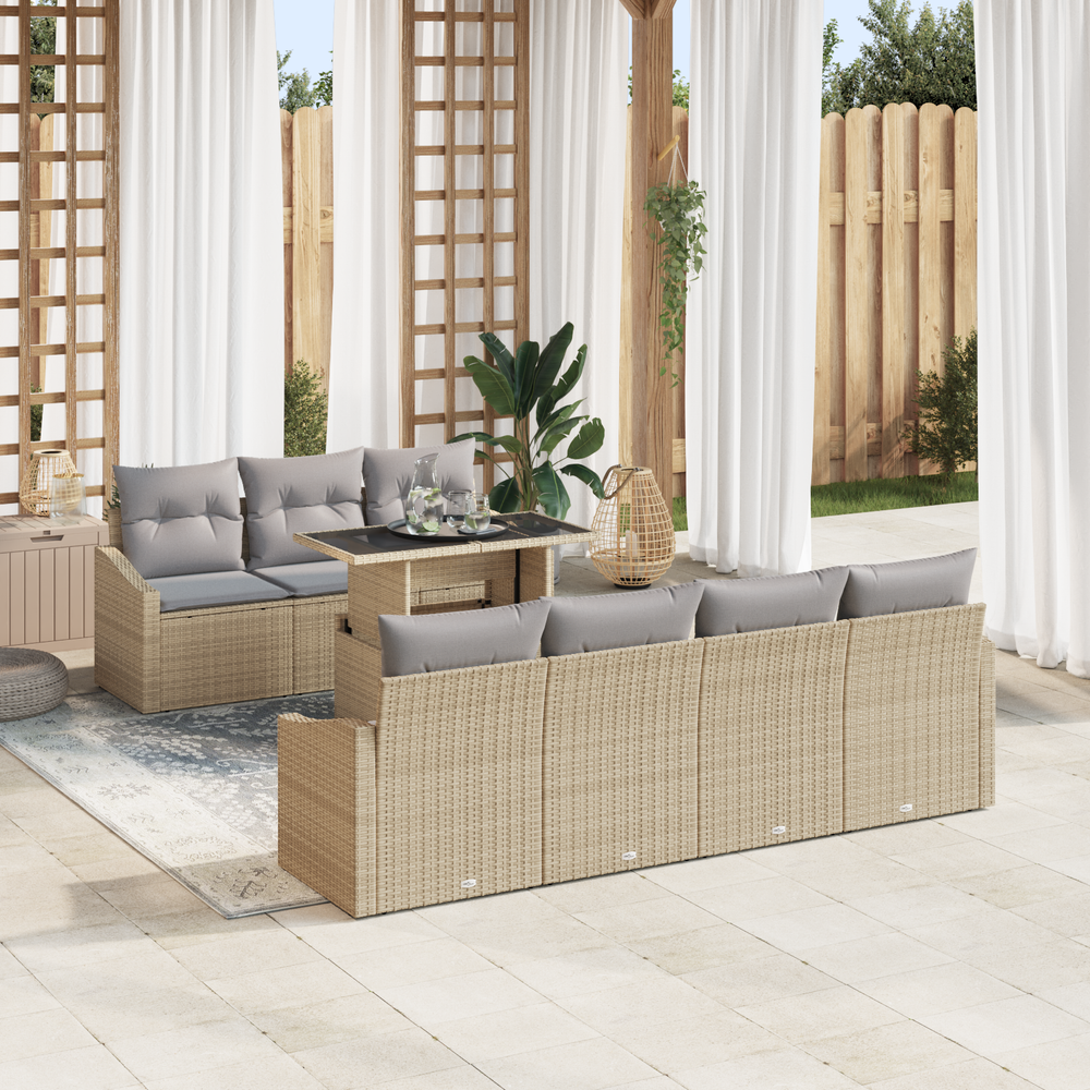 8-Piece Garden Sofa Set with Cushions, Sand, Poly Rattan
