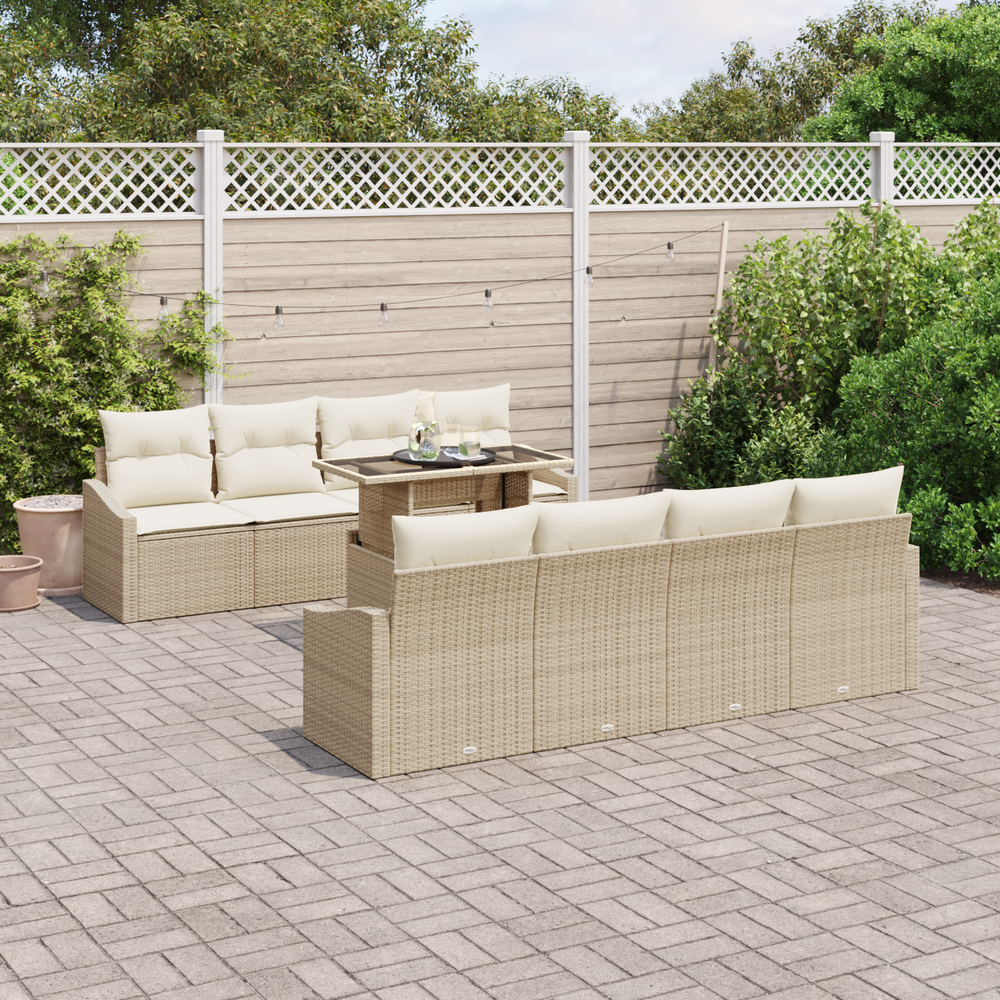 9-piece garden sofa set with cushions, sand-colored poly rattan