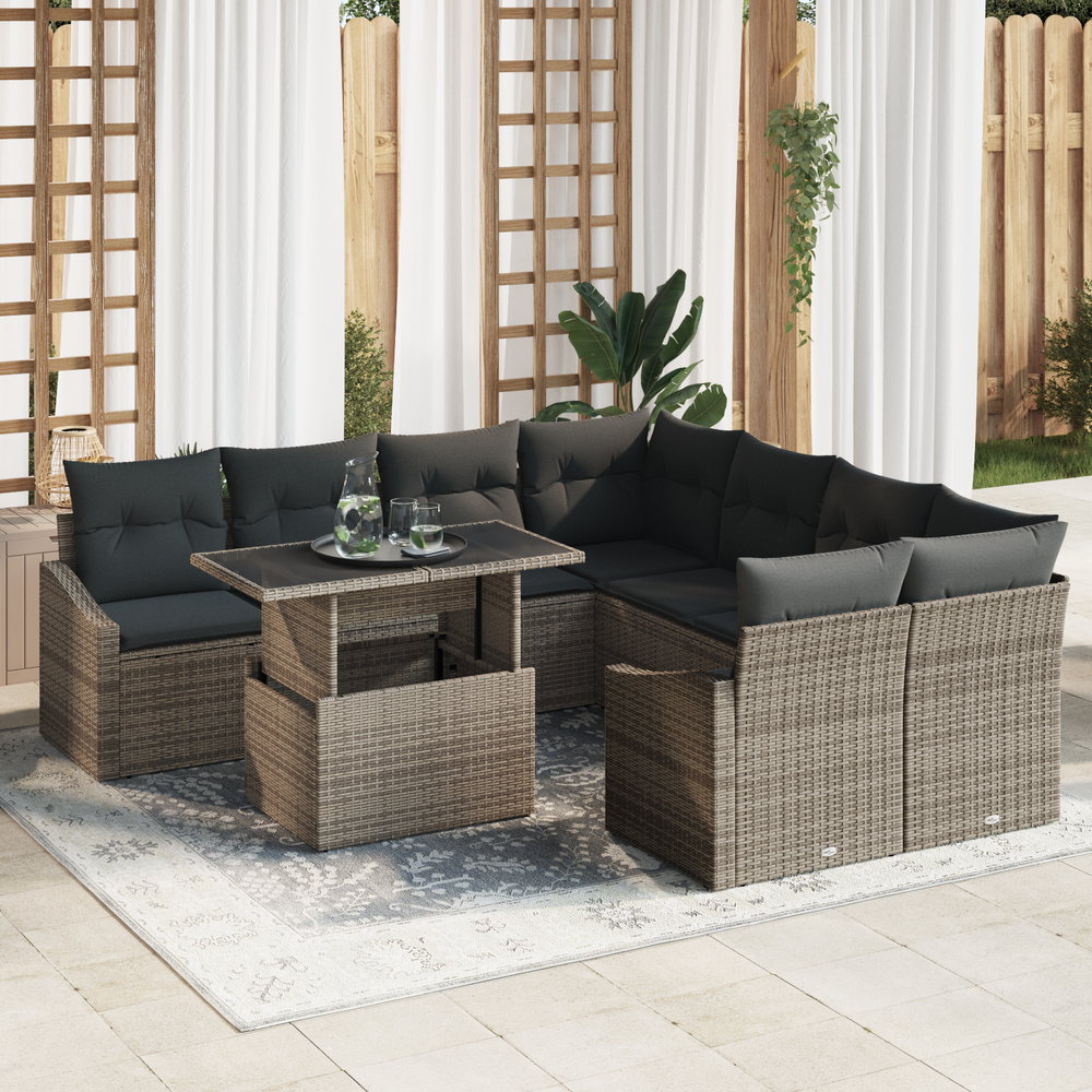 9-Piece Patio Sofa Set with Cushions Poly Rattan Grey