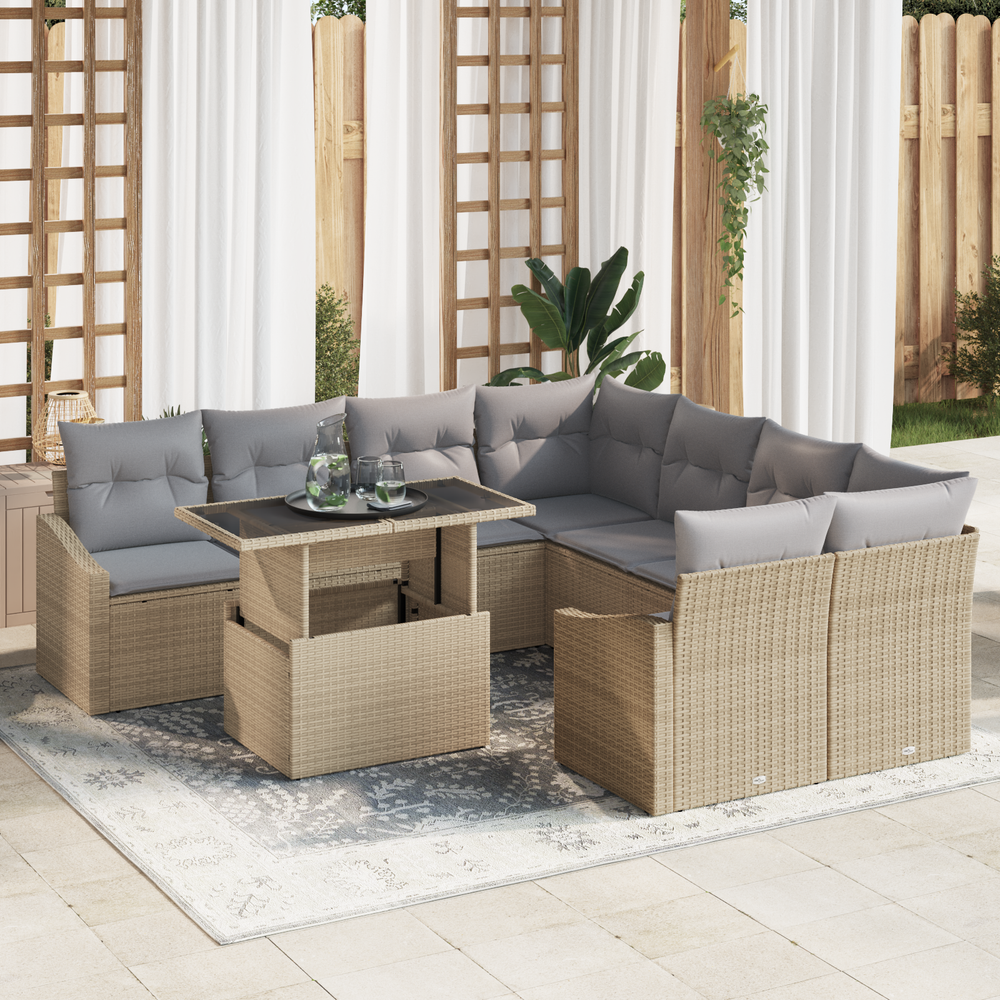 9-piece garden sofa set with cushions, light beige poly rattan