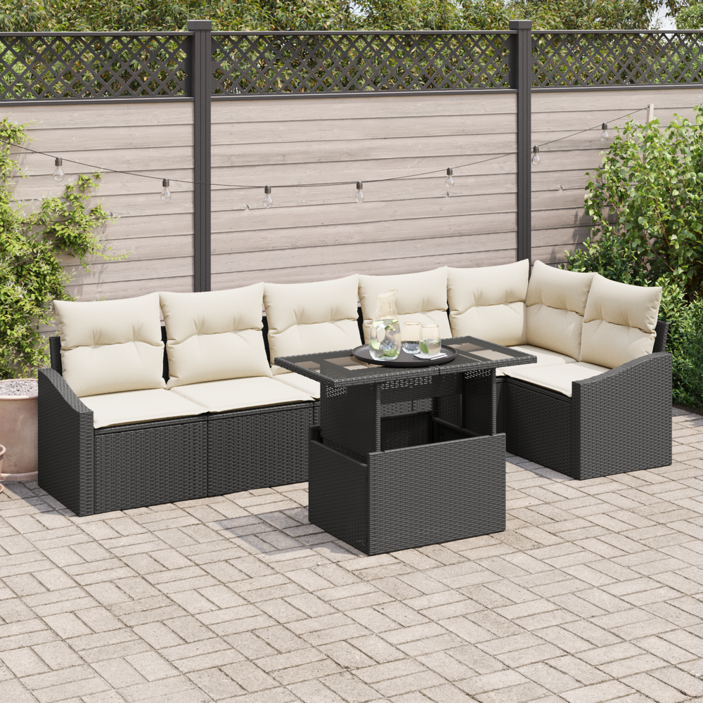 7-Piece Garden Sofa Set with Cushions, Black Poly Rattan