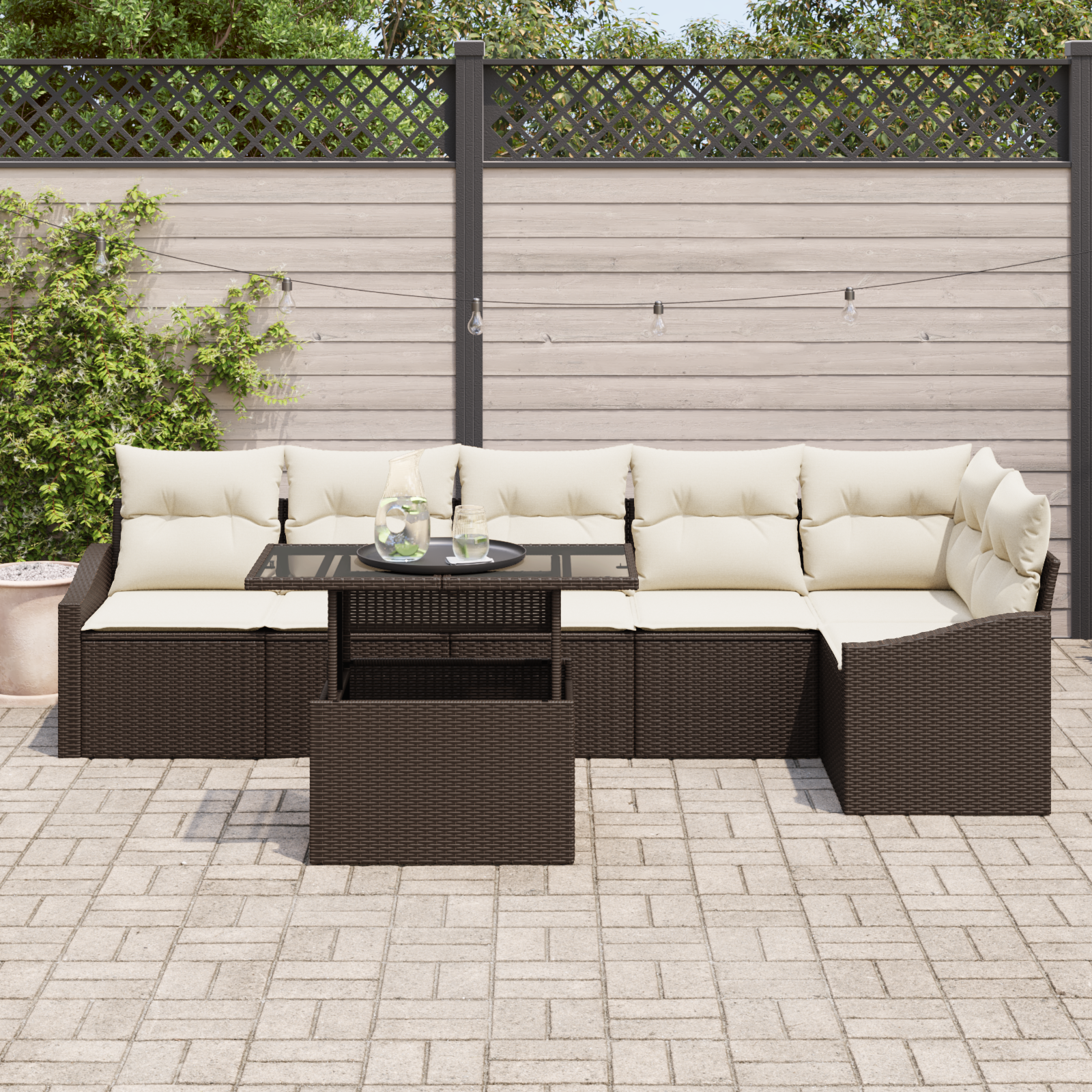 7 dalių sodo sofų komplektas su pagalvėlėmis, rudas poly rattan
