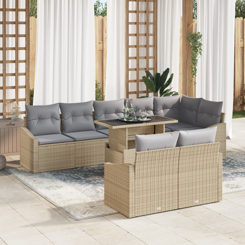 9-piece garden sofa set with cushions, sand, poly rattan