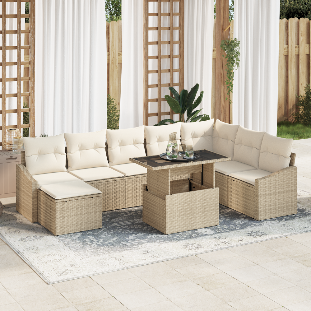 9-piece garden sofa set with cushions, sand color, poly rattan