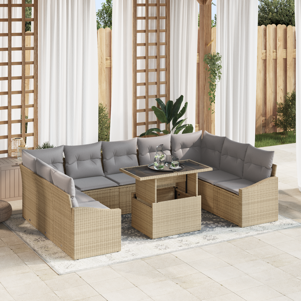 10-piece garden sofa set with cushions, sand-coloured poly rattan