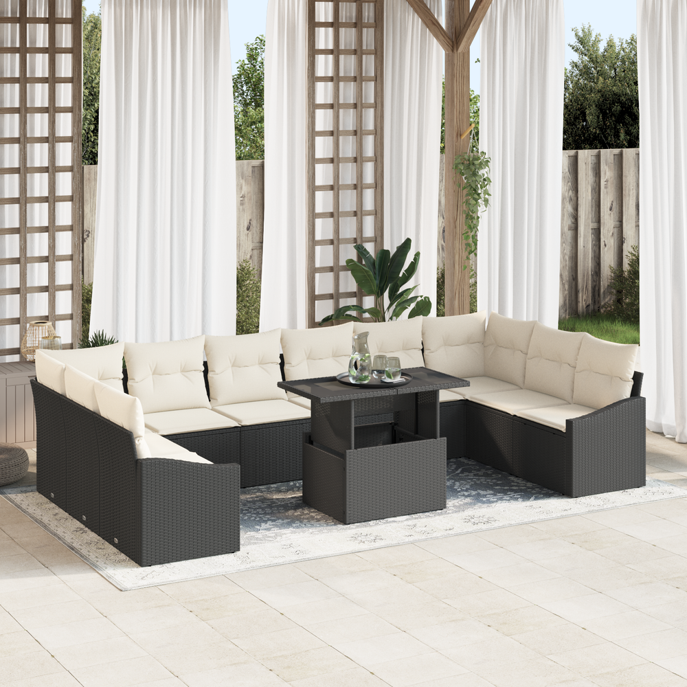 11-piece garden sofa set with cushions in black poly rattan