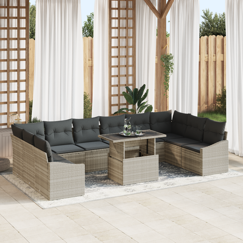 11-piece garden sofa set with cushions, light grey poly rattan