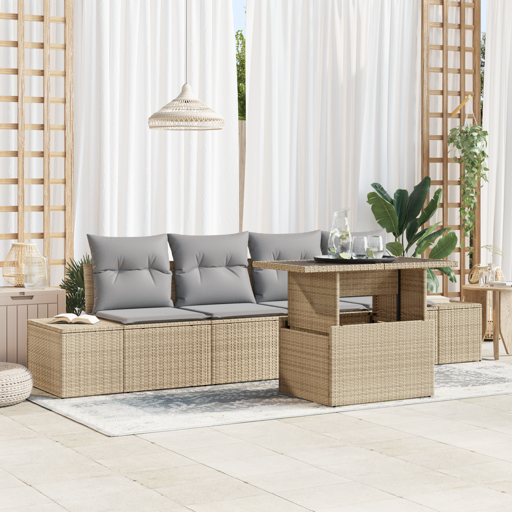 5-Piece Garden Sofa Set with Cushions - Sand-Coloured Poly Rattan