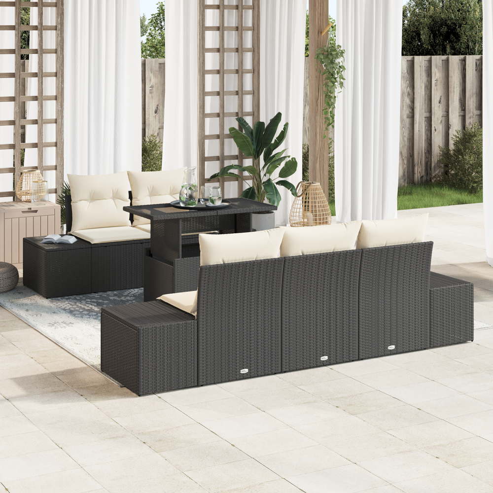 6-piece garden sofa set with cushions, black poly rattan