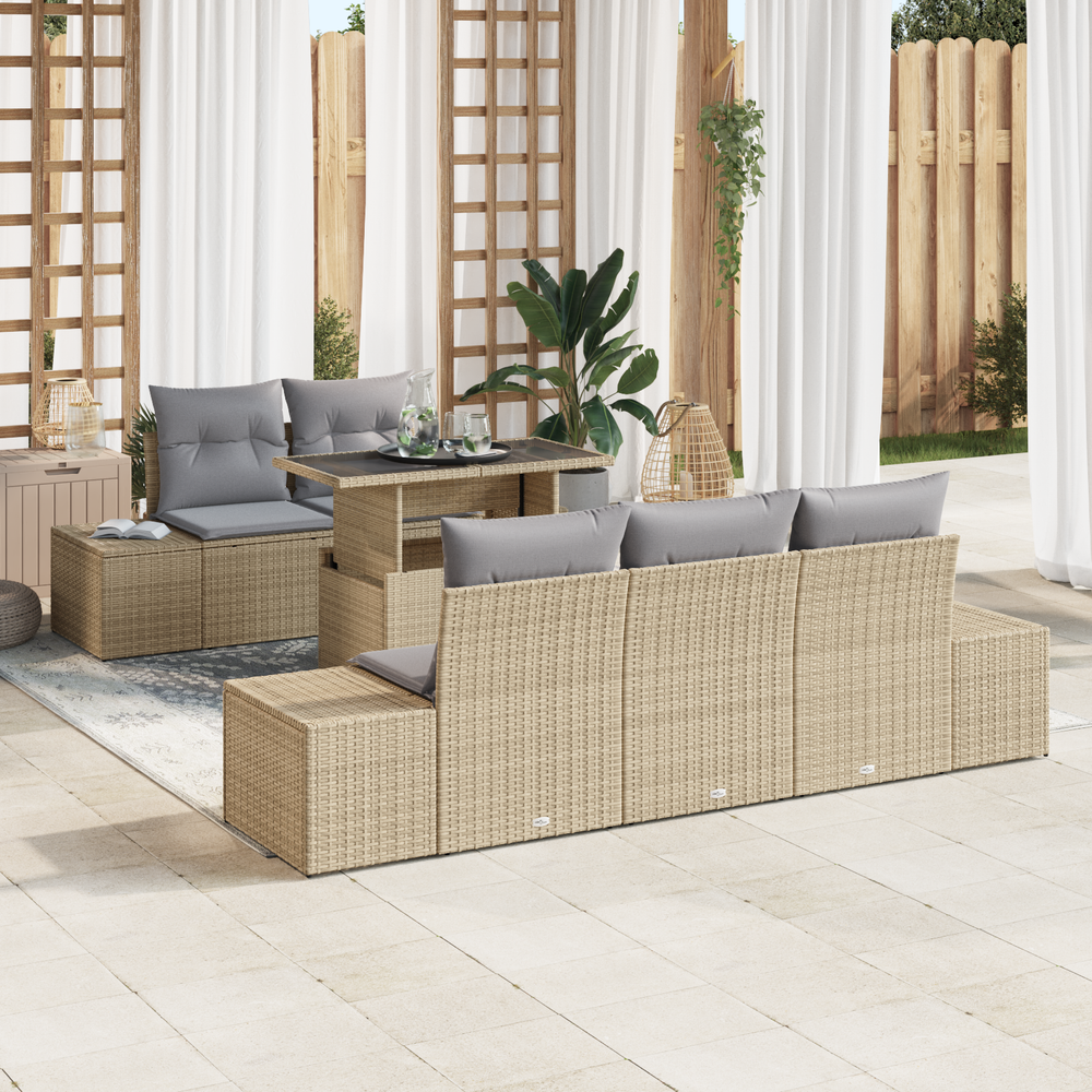 6-piece garden sofa set with cushions, beige poly rattan