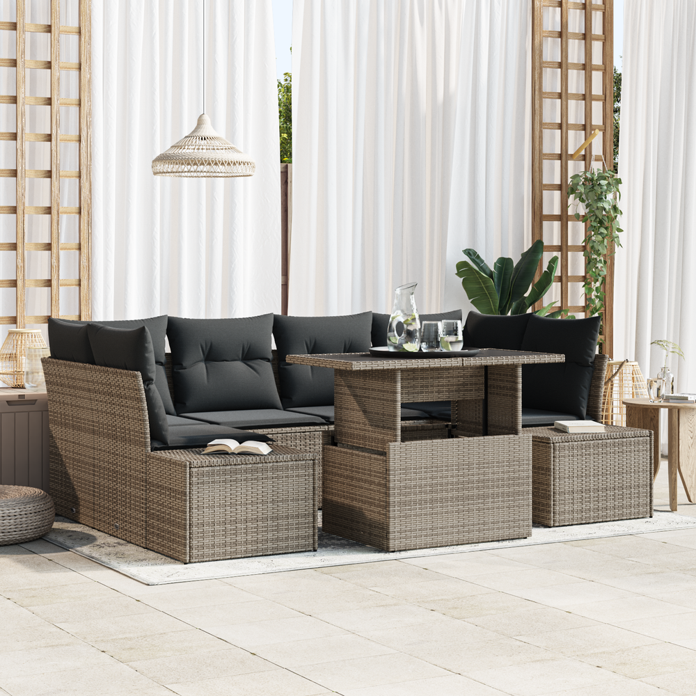 7-Piece Garden Sofa Set with Cushions, Grey Poly Rattan