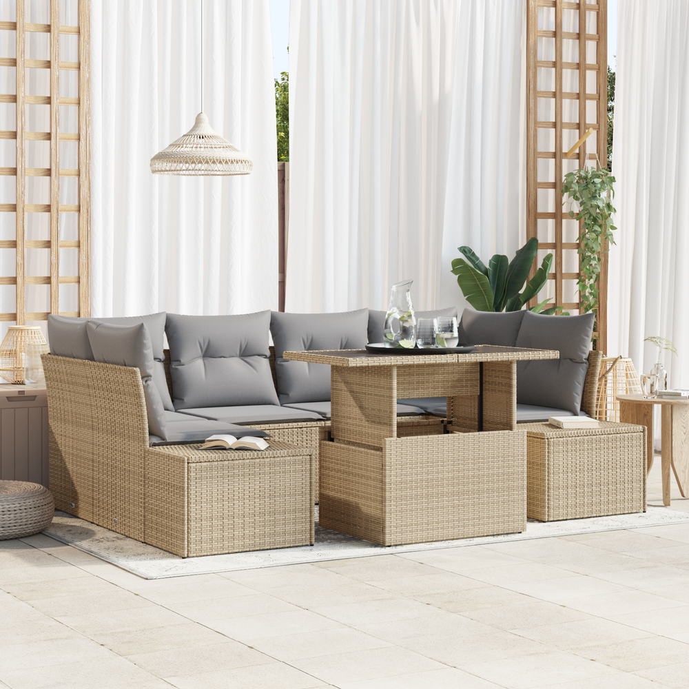 7 Piece Garden Sofa Set with Cushions, Sand Poly Rattan