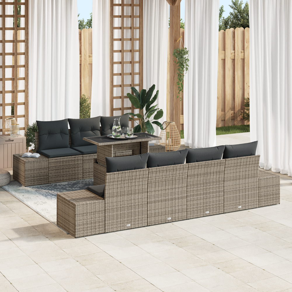 8-piece garden sofa set with cushions in grey poly rattan
