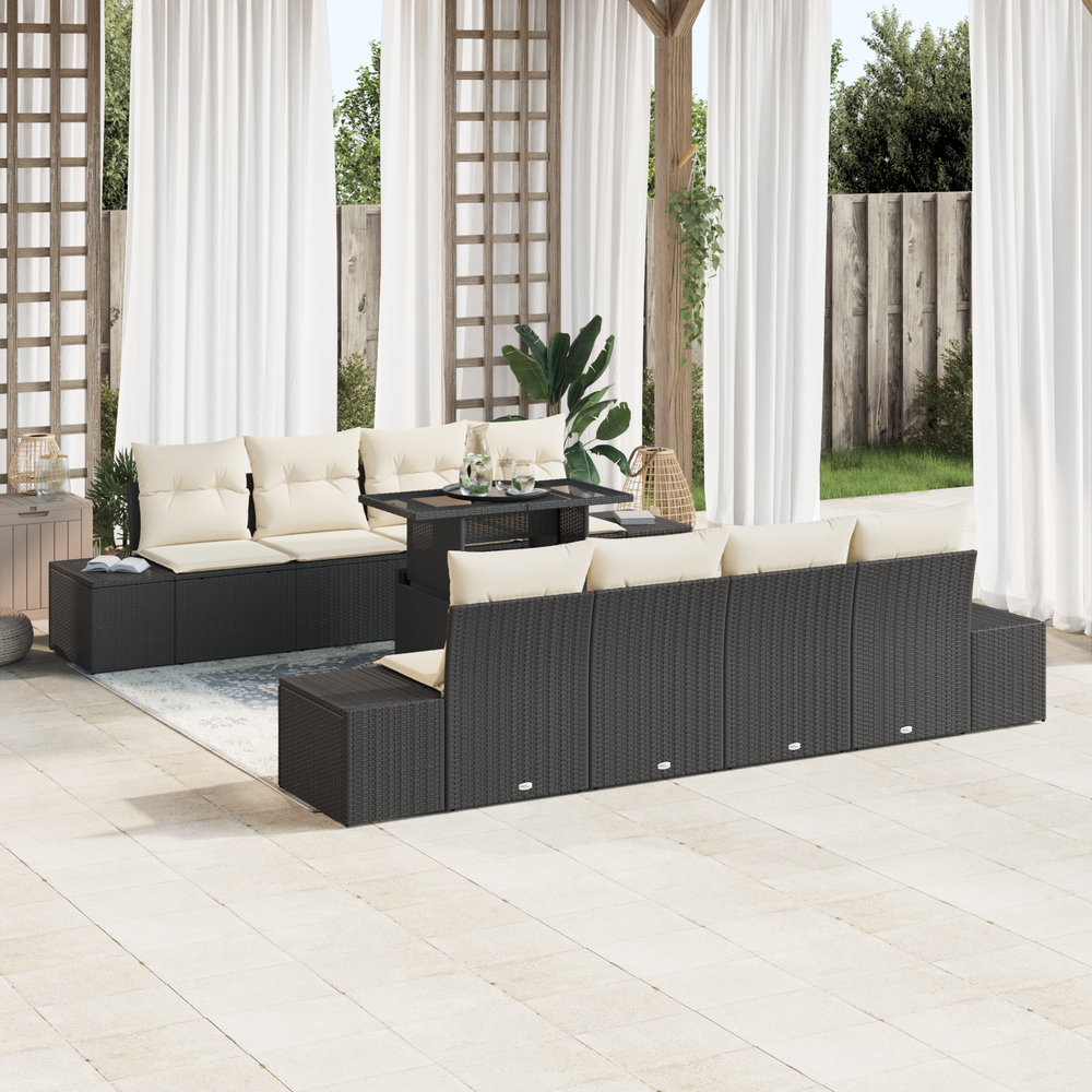 9-piece garden sofa set with black poly rattan cushions.