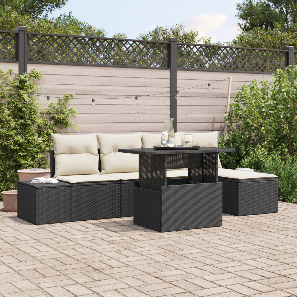 6-Piece Garden Sofa Set with Cushions, Black Poly Rattan