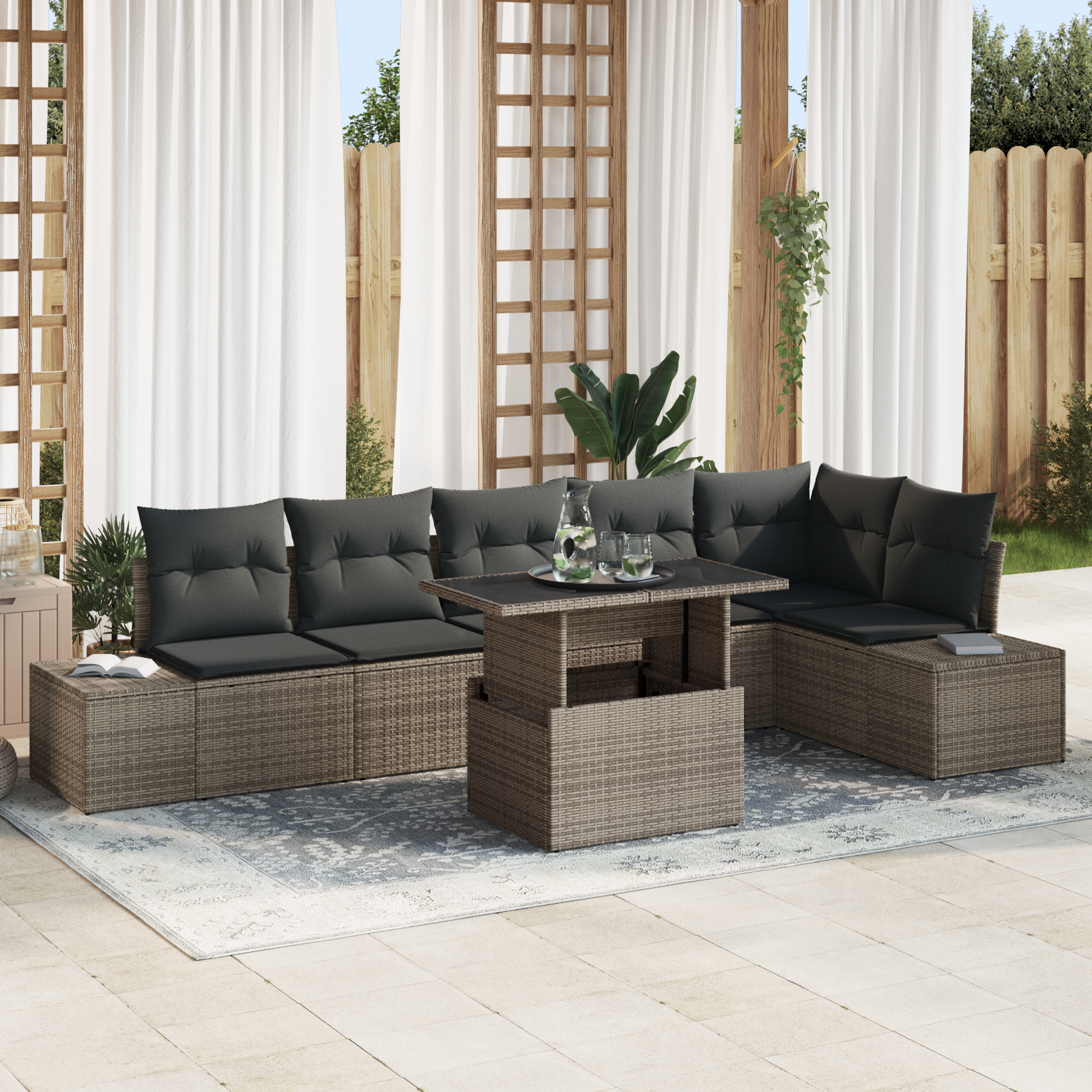 7 dalių sodo sofa rinkinys su pagalvėlėmis, pilka, poliraiška