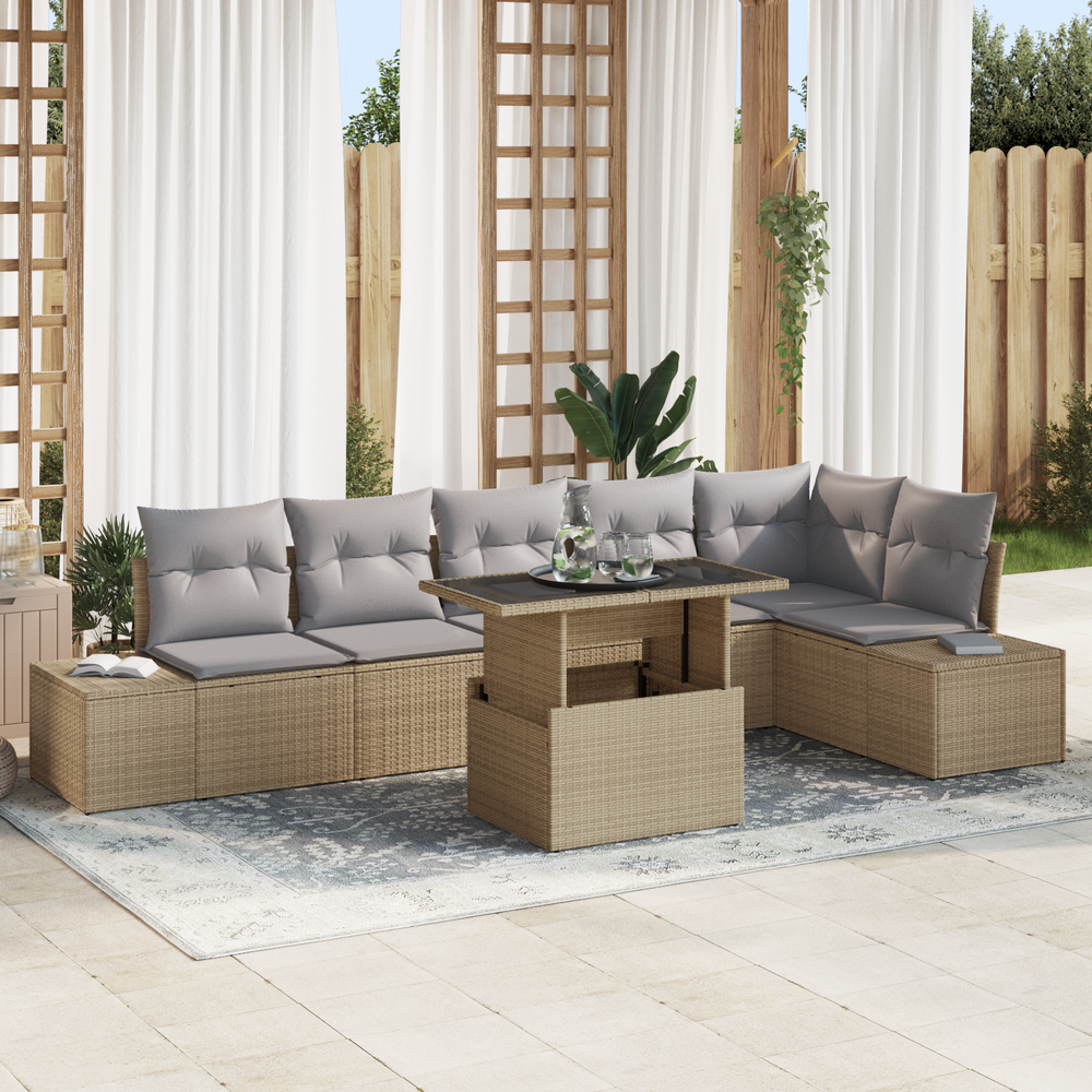 7-piece garden sofa set with cushions, beige poly rattan