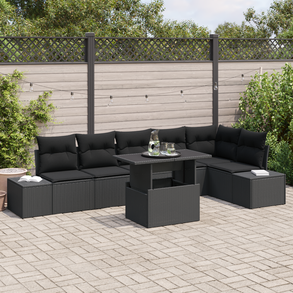 7-piece garden sofa set with cushions, black poly rattan