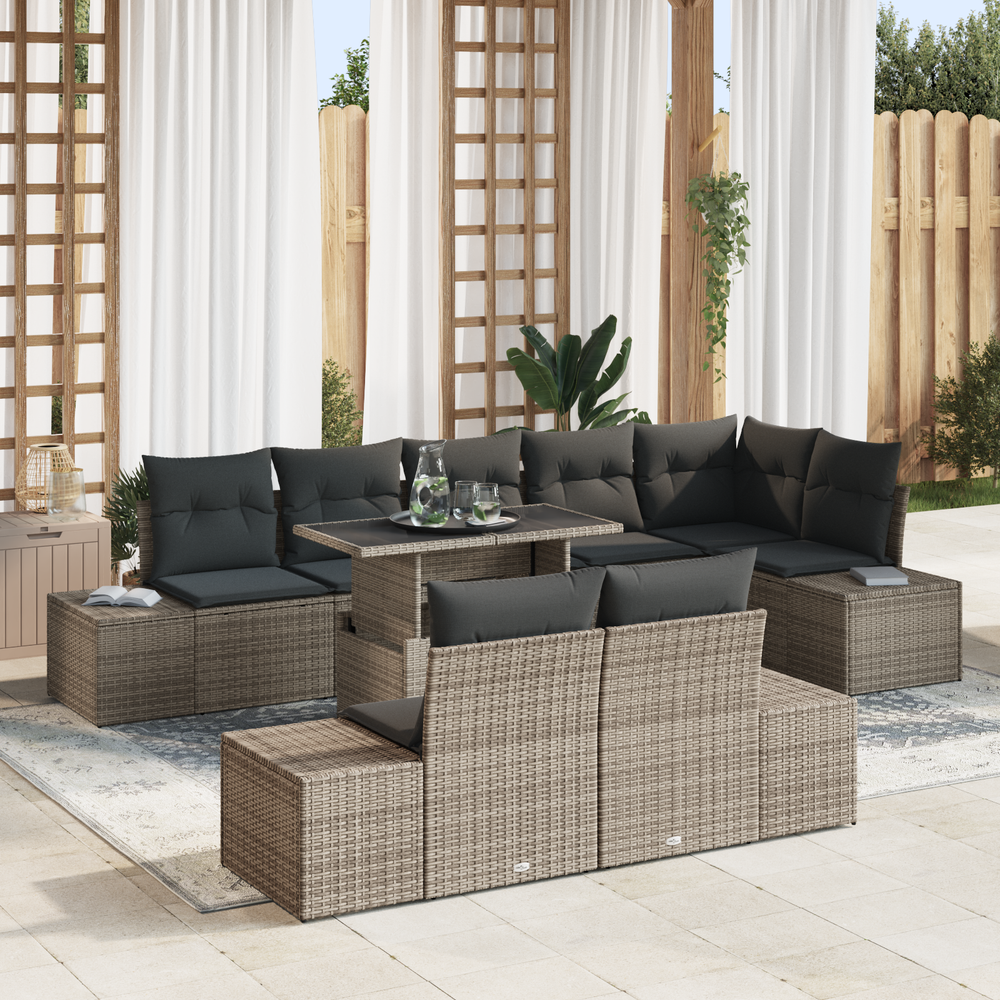 9-piece garden sofa set with cushions, grey poly rattan.