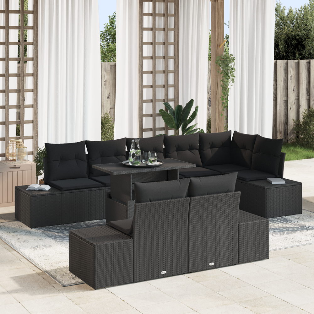 9-piece garden sofa set with cushions, black poly rattan