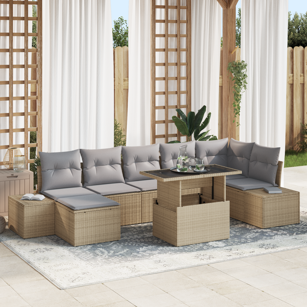 8-piece garden sofa set with cushions, sand-colored poly rattan.
