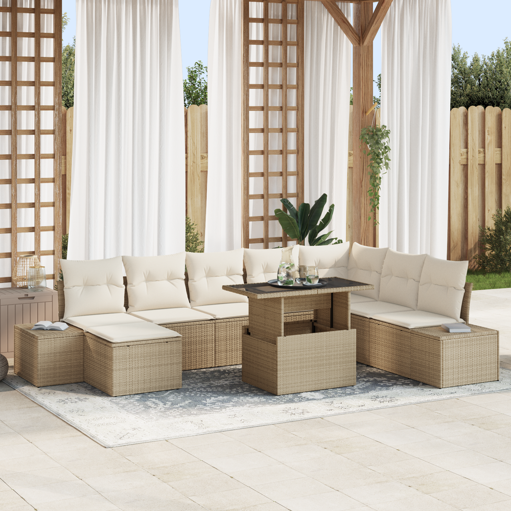 9-piece garden sofa set with cushions, beige poly rattan