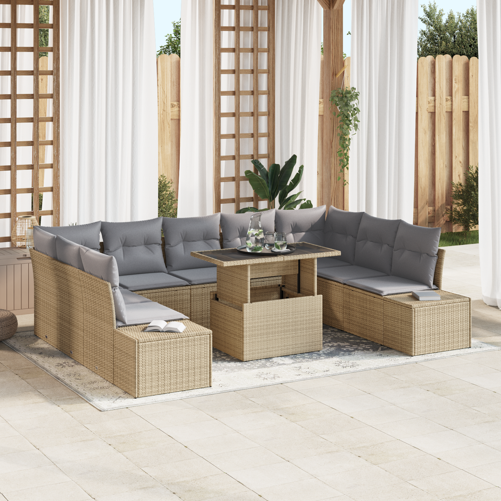 10-piece Garden Sofa Set with Cushions, Sand Poly Rattan