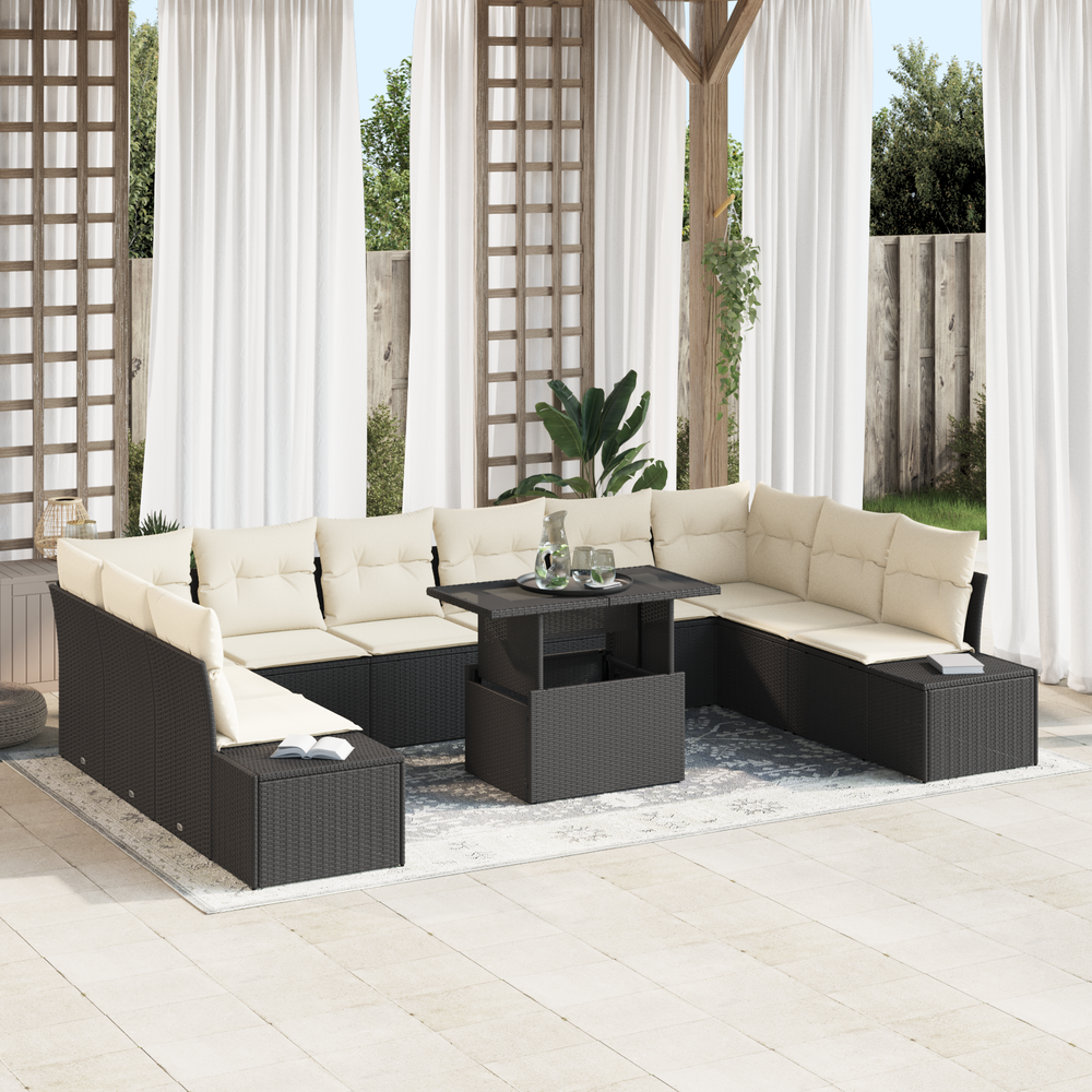 11-piece Garden Sofa Set with Cushions, Black Poly Rattan