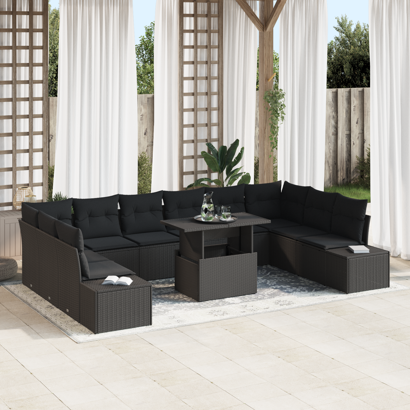 11 dalių sodo sofa komplektas su pagalvėlėmis, juodas poliratanas