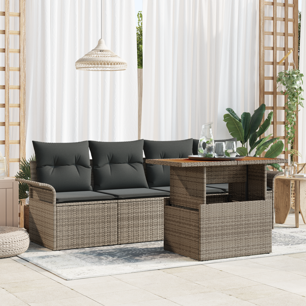 5-piece garden sofa set with cushions, grey poly rattan, acacia wood