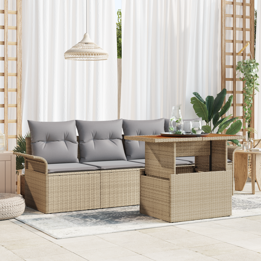 5-Piece Garden Sofa Set with Cushions, Beige Poly Rattan