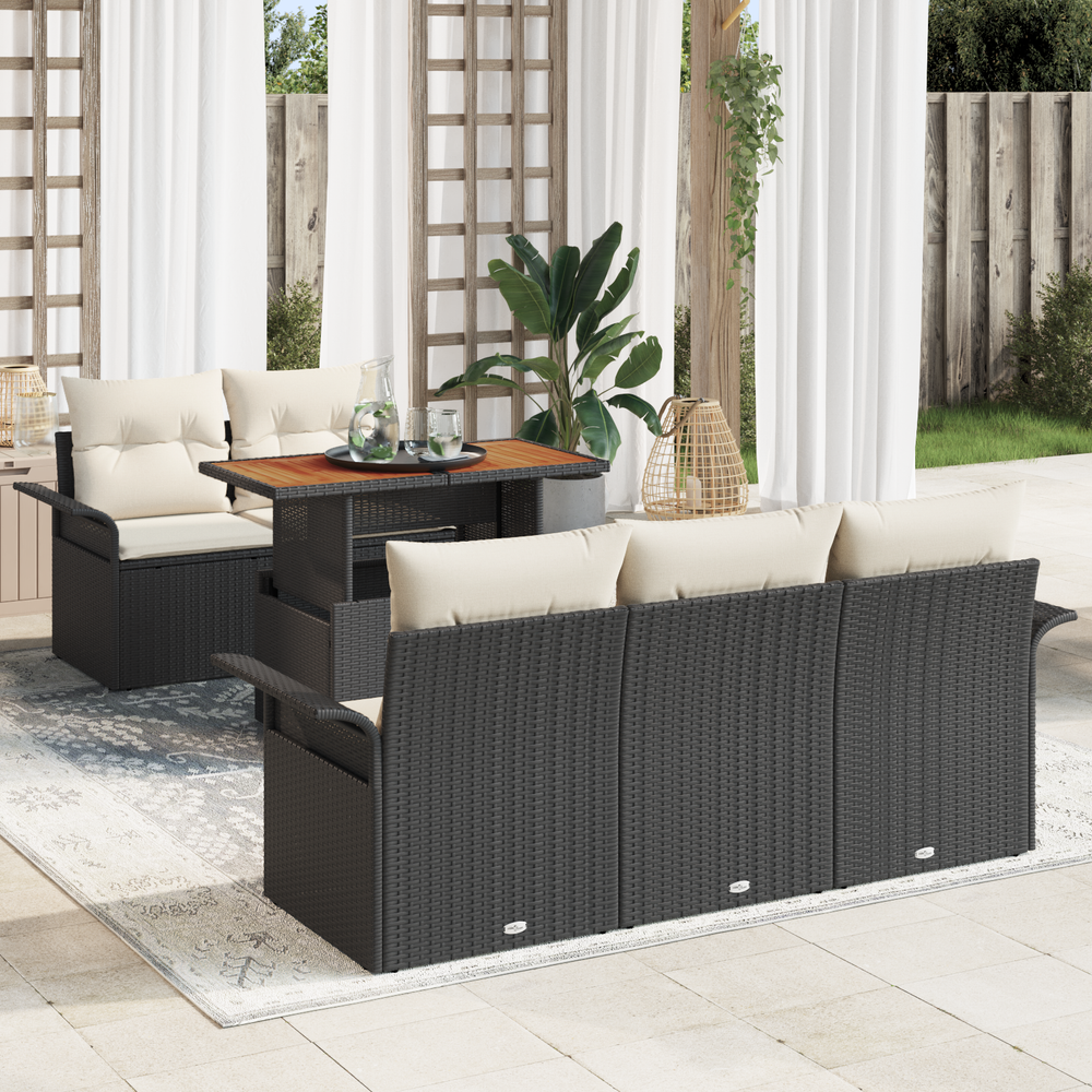 6-piece garden sofa set with cushions, black poly rattan