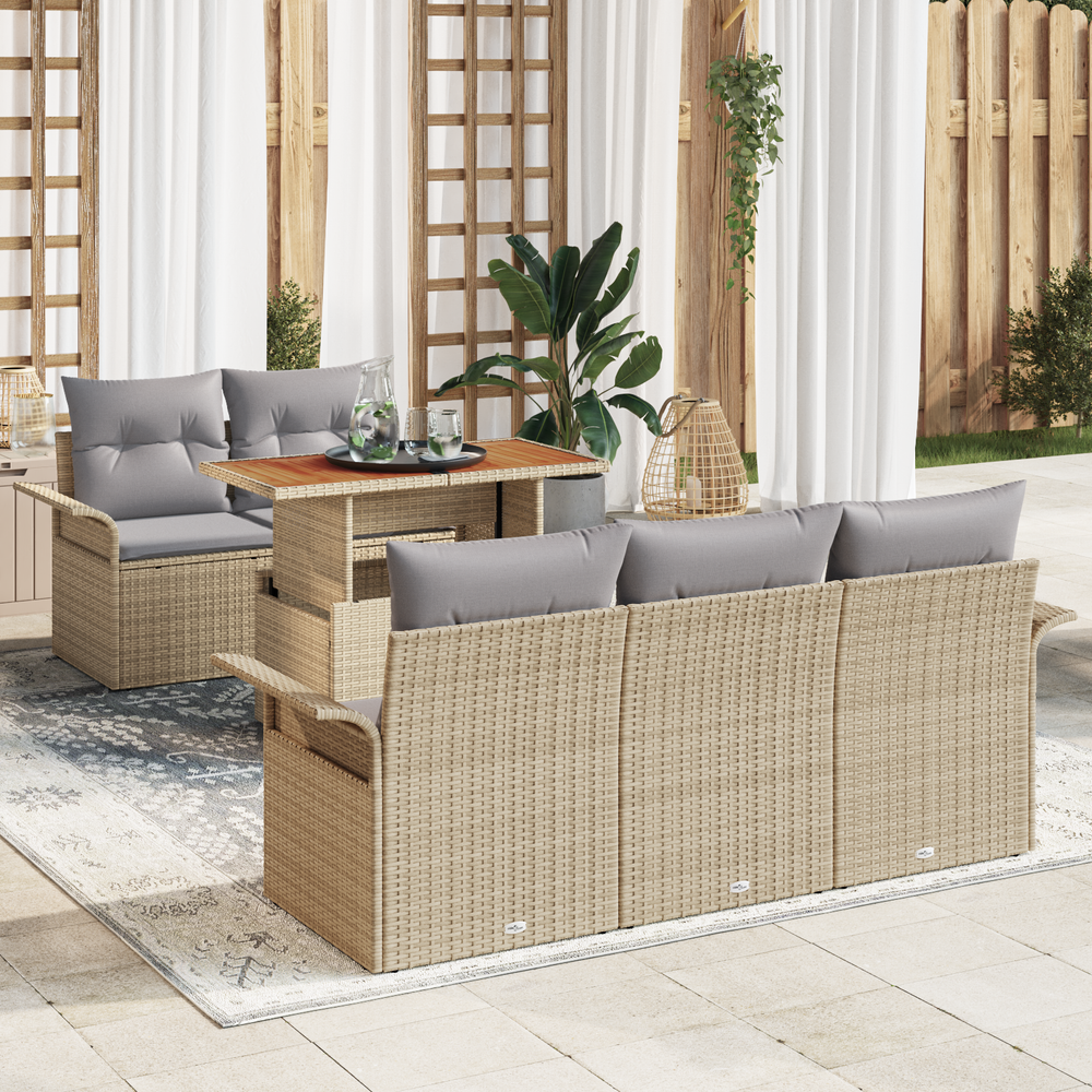 6-Piece Garden Sofa Set with Cushions, Sand, Poly Rattan, Acacia