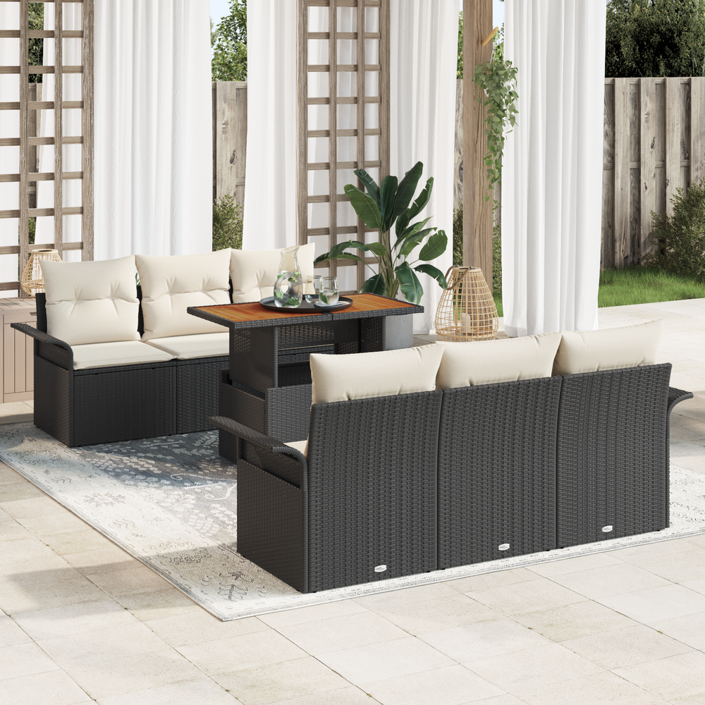 7-piece garden sofa set with cushions in black poly rattan