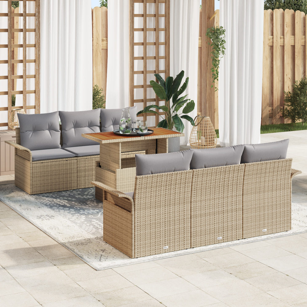 7 Piece Garden Sofa Set with Cushions, Beige Polyrattan Acacia