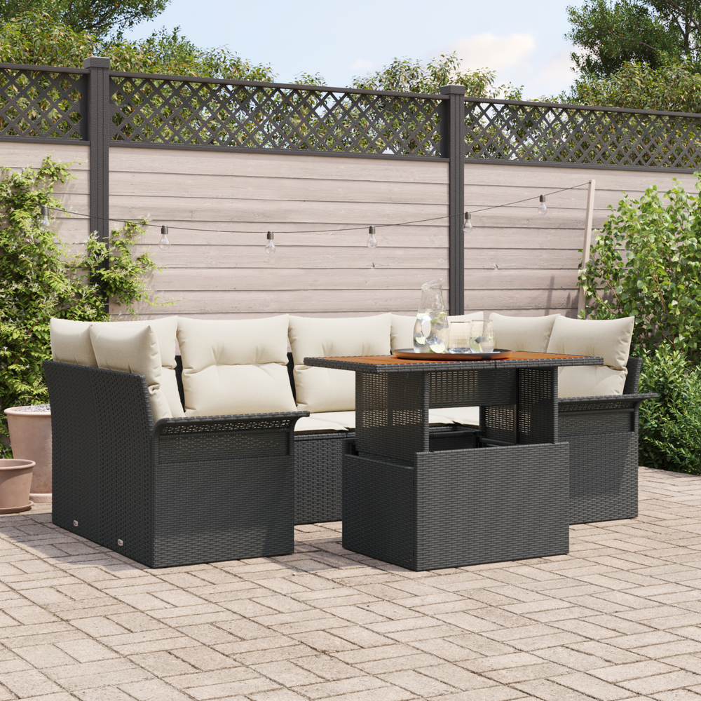 7-Piece Garden Sofa Set with Cushions, Black Poly Rattan and Acacia Wood